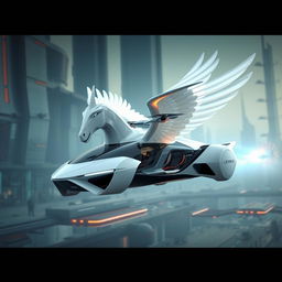 A futuristic flying car designed to resemble a Pegasus, featuring drone wings in the middle of the Pegasus's wings