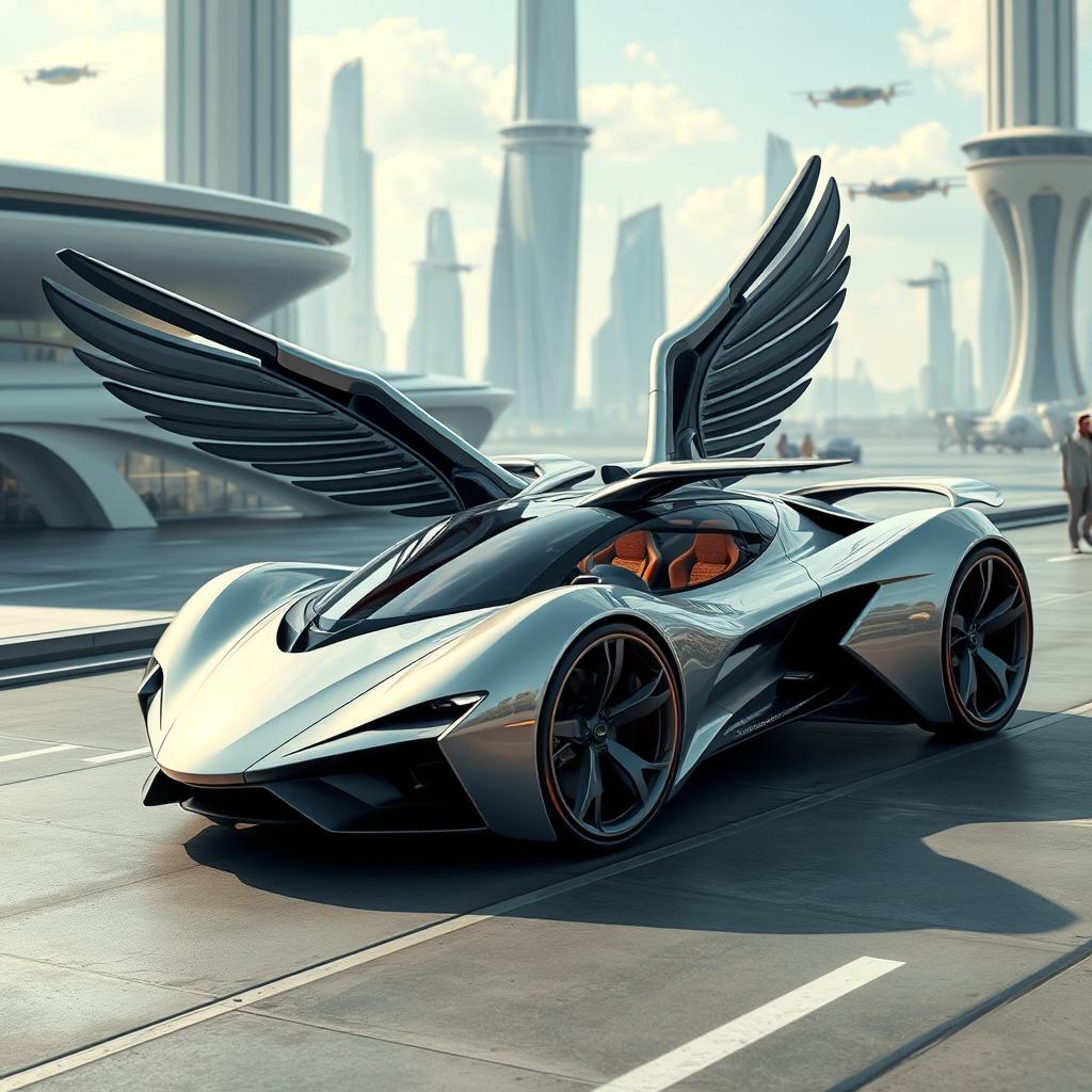 A futuristic flying car designed to resemble a Pegasus, featuring drone wings in the middle of the Pegasus's wings