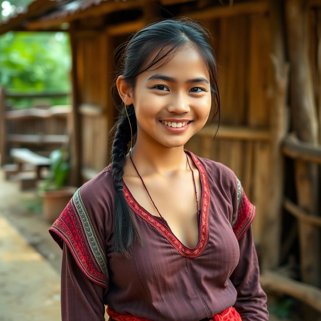 A village girl standing in a rustic setting with traditional attire