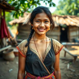 A village girl standing in a rustic setting with traditional attire