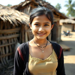 A village girl standing in a rustic setting with traditional attire