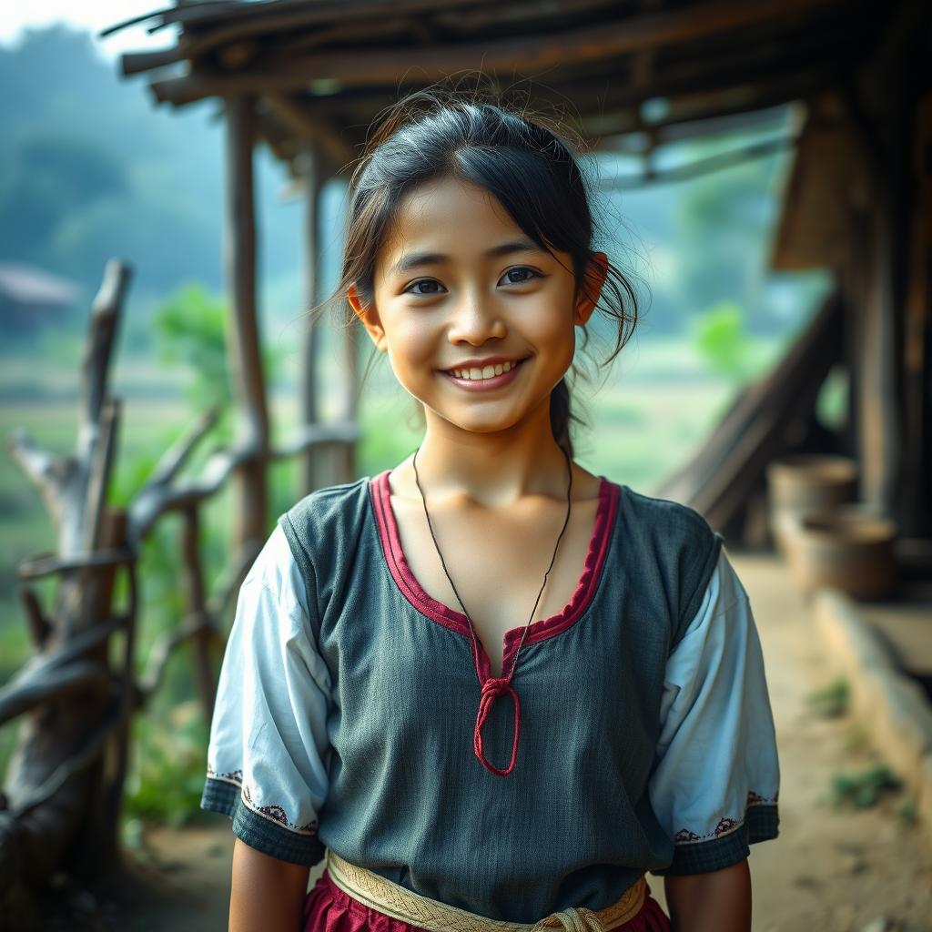 A village girl standing in a rustic setting with traditional attire