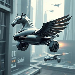 A futuristic flying drone car designed to resemble a Pegasus