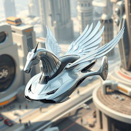 A futuristic flying drone car designed to resemble a Pegasus