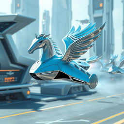 A futuristic flying drone car designed to resemble a Pegasus