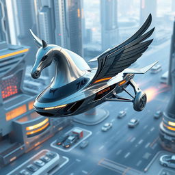 A futuristic flying drone car designed to resemble a Pegasus