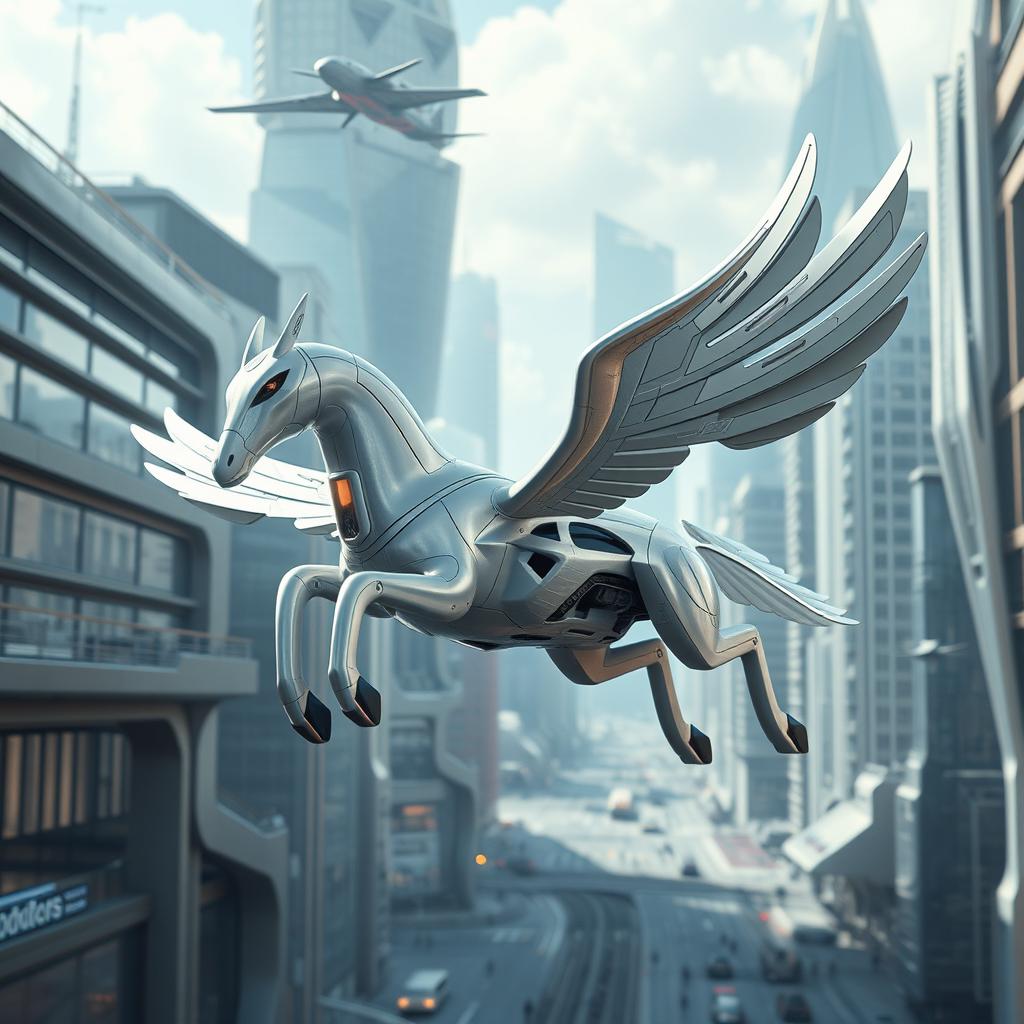 A futuristic flying drone designed to resemble a Pegasus