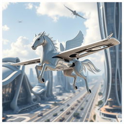 A futuristic flying drone designed to resemble a Pegasus