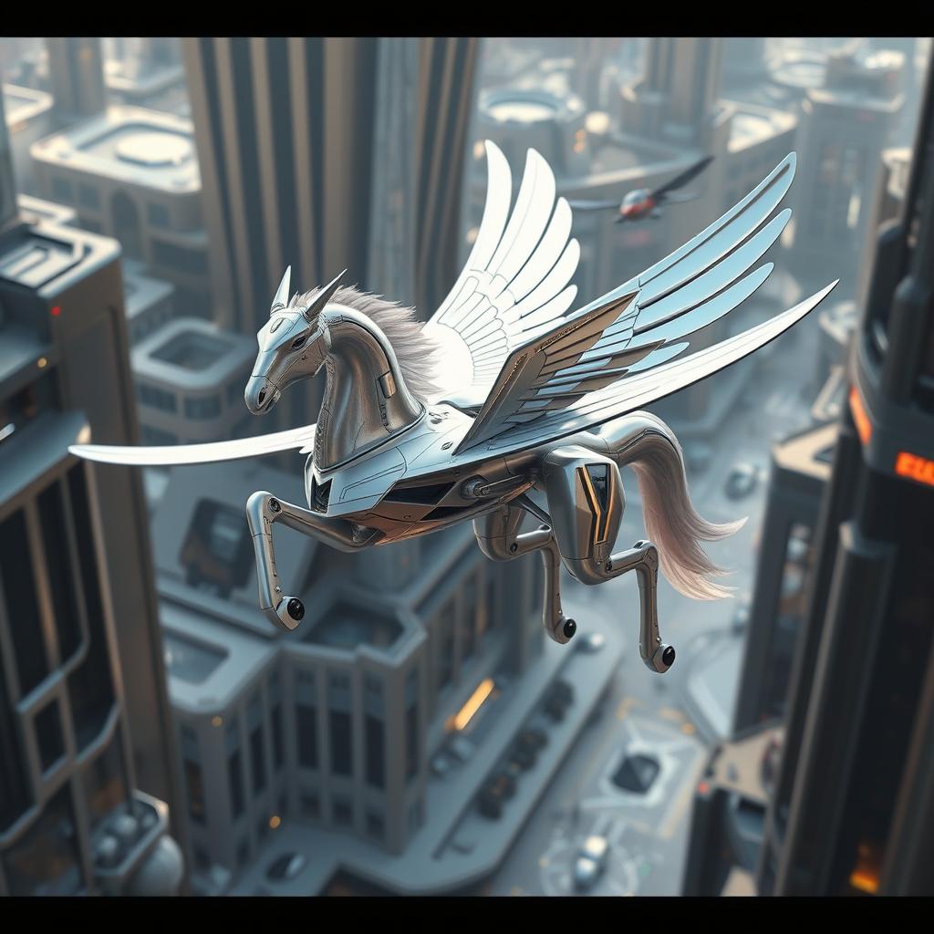 A futuristic flying drone designed to resemble a Pegasus