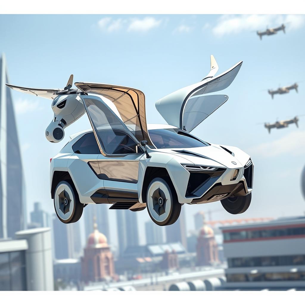 A futuristic flying drone SUV designed to resemble a Pegasus