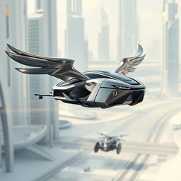 A futuristic flying drone SUV designed to resemble a Pegasus