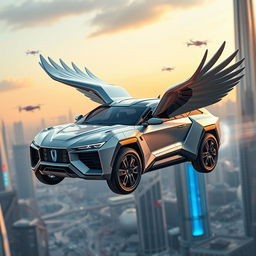 A futuristic flying drone SUV designed to resemble a Pegasus