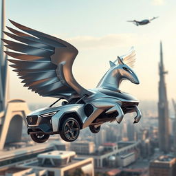 A futuristic flying drone SUV designed to resemble a Pegasus