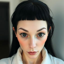 A white woman with a long face, black hair, and large, bulging black eyes