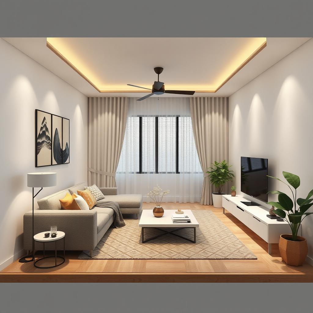 A detailed interior design of a living room measuring 5 meters by 4 meters, featuring modern furniture, stylish decor, and a cozy atmosphere