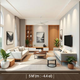 A detailed interior design of a living room measuring 5 meters by 4 meters, featuring modern furniture, stylish decor, and a cozy atmosphere