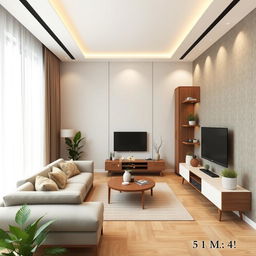 A detailed interior design of a living room measuring 5 meters by 4 meters, featuring modern furniture, stylish decor, and a cozy atmosphere