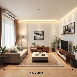 A detailed interior design of a living room measuring 5 meters by 4 meters, featuring modern furniture, stylish decor, and a cozy atmosphere