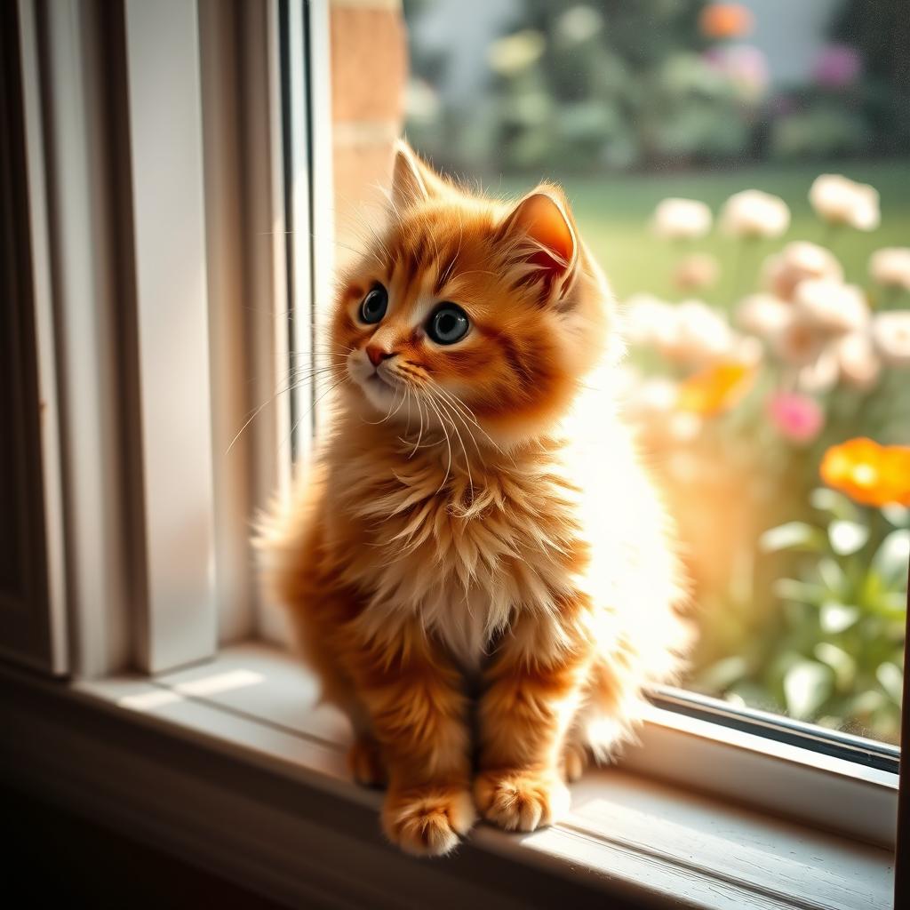 A cute, fluffy orange cat sitting on a cozy windowsill, looking outside with big, curious eyes