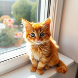 A cute, fluffy orange cat sitting on a cozy windowsill, looking outside with big, curious eyes