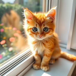 A cute, fluffy orange cat sitting on a cozy windowsill, looking outside with big, curious eyes