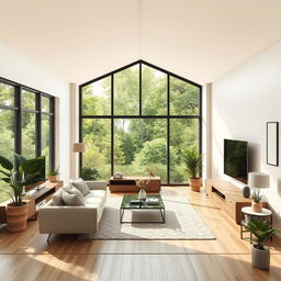 A detailed interior design of a living room with large windows at the back, featuring modern furniture, stylish decor, and a cozy atmosphere