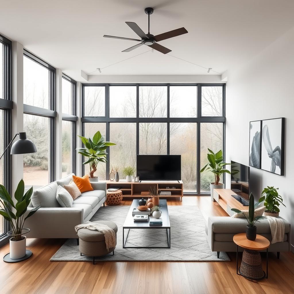 A detailed interior design of a living room with large windows at the back, featuring modern furniture, stylish decor, and a cozy atmosphere