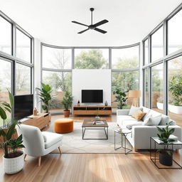 A detailed interior design of a living room with large windows at the back, featuring modern furniture, stylish decor, and a cozy atmosphere