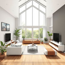 A detailed interior design of a living room with large windows at the back, featuring modern furniture, stylish decor, and a cozy atmosphere