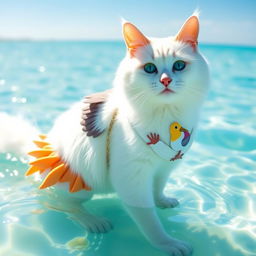 A white cat wearing a bird-themed bikini and bird bra, standing in the sea