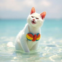 A white cat wearing a bird-themed bikini and bird bra, standing in the sea