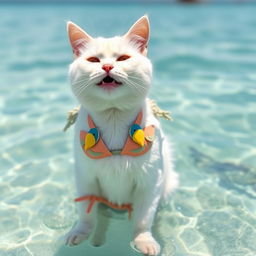 A white cat wearing a bird-themed bikini and bird bra, standing in the sea