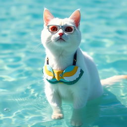 A white cat wearing a bird-themed bikini and bird bra, standing in the sea