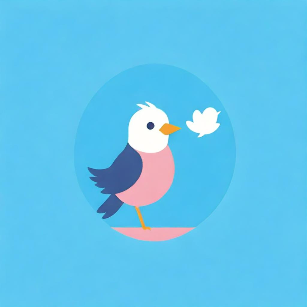 Create a playful and attractive logo for a Telegram channel featuring a cute, humorous bird in shades of blue and pink, perched on a vibrant, blossoming flower.