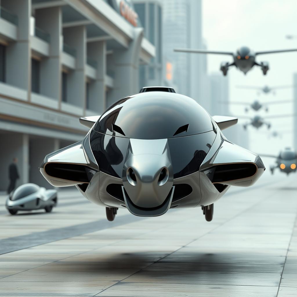 A flying car with a front design that resembles the face of a horse