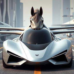 A flying car with a front design that resembles the face of a horse