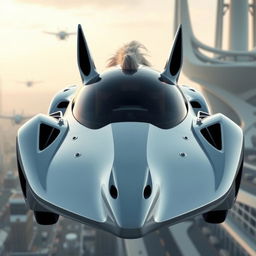 A flying car with a front design that resembles the face of a horse