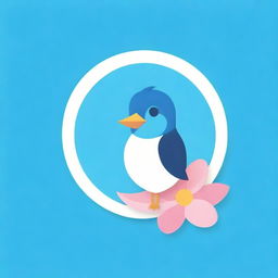 Create a playful and attractive logo for a Telegram channel featuring a cute, humorous bird in shades of blue and pink, perched on a vibrant, blossoming flower.