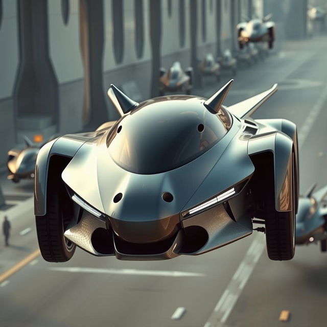 A flying car with a front design that resembles the face of a horse