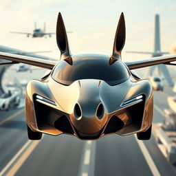 A flying car with a front design that resembles the face of a horse