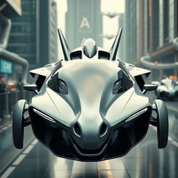 A flying car with a front design that resembles the face of a horse