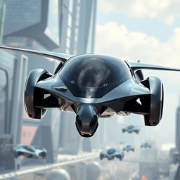 A flying car with a front design that resembles the face of a horse