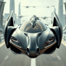 A beautiful flying car with a front that resembles the face of a horse