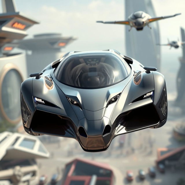 A beautiful flying car with a front that resembles the face of a horse