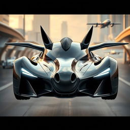 A beautiful flying car with a front that resembles the face of a horse