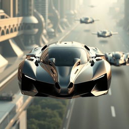 A beautiful flying car with a front that resembles the face of a horse