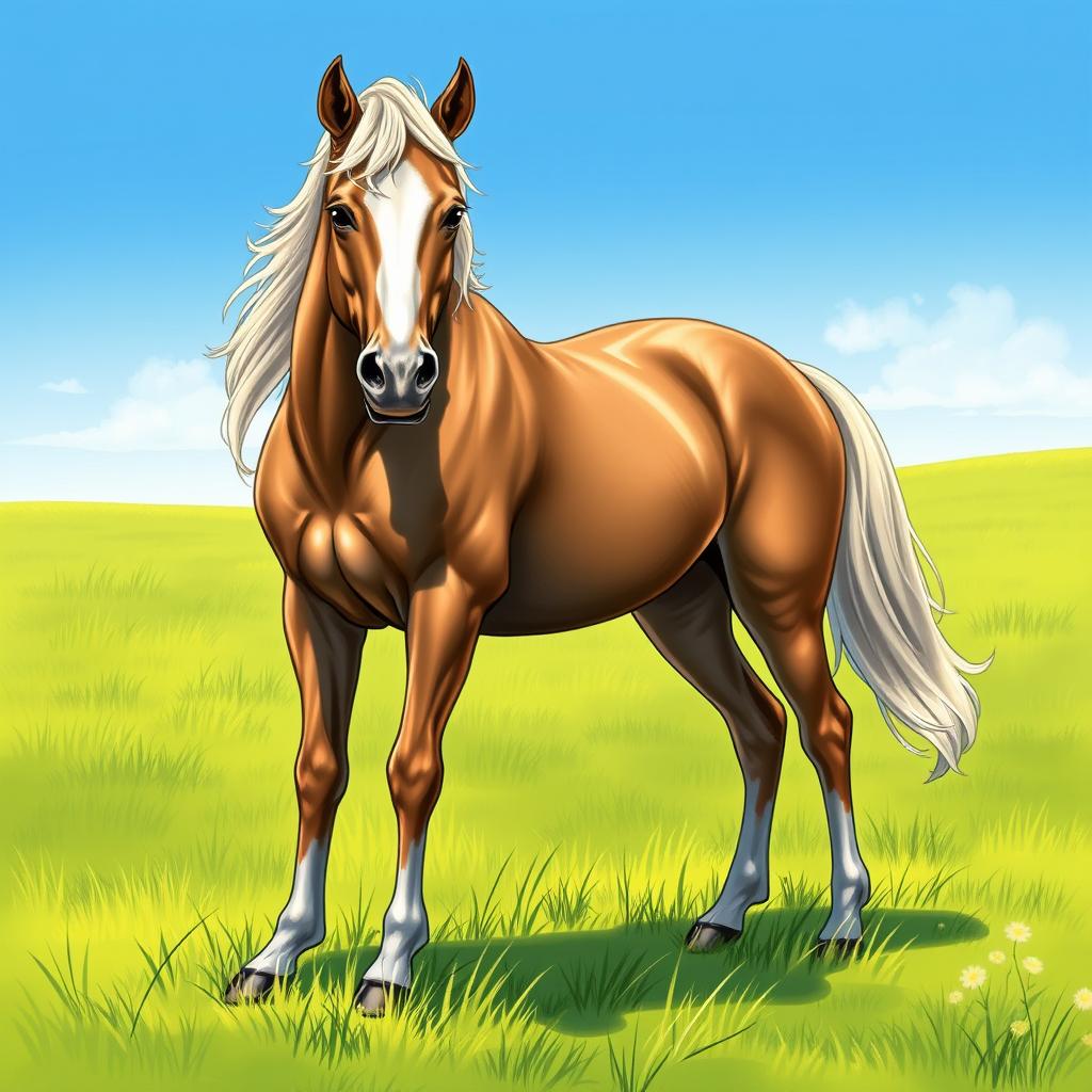 A detailed and realistic illustration of a majestic horse standing in a lush green meadow with a clear blue sky in the background