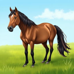 A detailed and realistic illustration of a majestic horse standing in a lush green meadow with a clear blue sky in the background