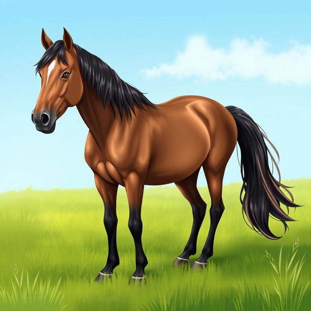 A detailed and realistic illustration of a majestic horse standing in a lush green meadow with a clear blue sky in the background