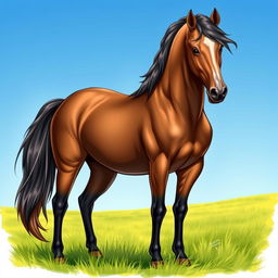 A detailed and realistic illustration of a majestic horse standing in a lush green meadow with a clear blue sky in the background